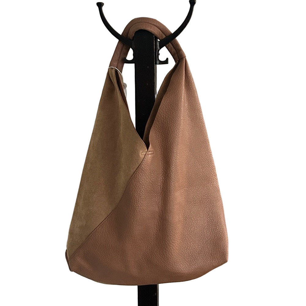 Brown Suede Pebbled Leather Tote Bag Shoulder Bag Animal Friendly NWOT
